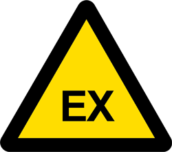 Viser fareskilt for eksplosjonsfarlig atmosfære. Gul trekant med svart ramme og svarte bokstaver EX.