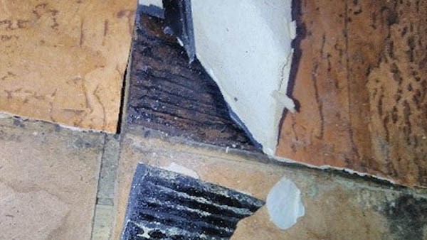 Bildet viser nærbilde av noen gamle vinylfliser som ser ut som linoleumsfliser. Hjørnene på flisene er delvis revet opp fra underlaget og sort asbestholdig lim ligger under flisene og på underlaget.