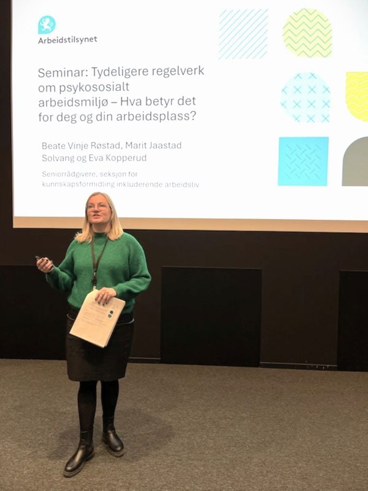Bildet viser Eva Irene Kopperud fra Arbeidstilsynet som står foran en stor skjerm i et auditorium.