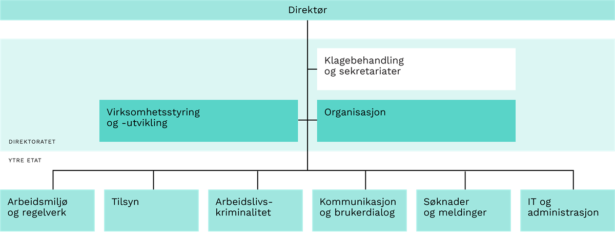 Overordnet organisasjonskart for Arbeidstilsynet, som viser organisering med direktør, direktorat og ytre etat.