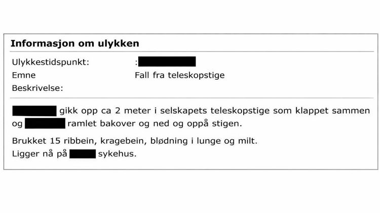 Informasjon om ulykken: Fall fra teleskopstige. Sladdet gikk opp ca 2 meter i selskapets teleskopstige som klappet sammen og sladdet ramlet bakover og ned og oppå stigen. Brukket 15 ribbein, kragebein, blødning i lunge og milt. Ligger nå på sladdet sykehus.