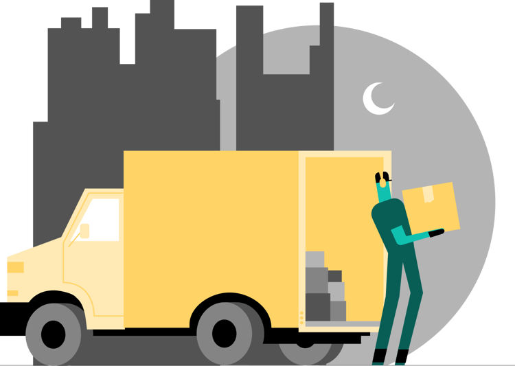Illustration showing a person unloading goods from a van. A skyline is in the background.
