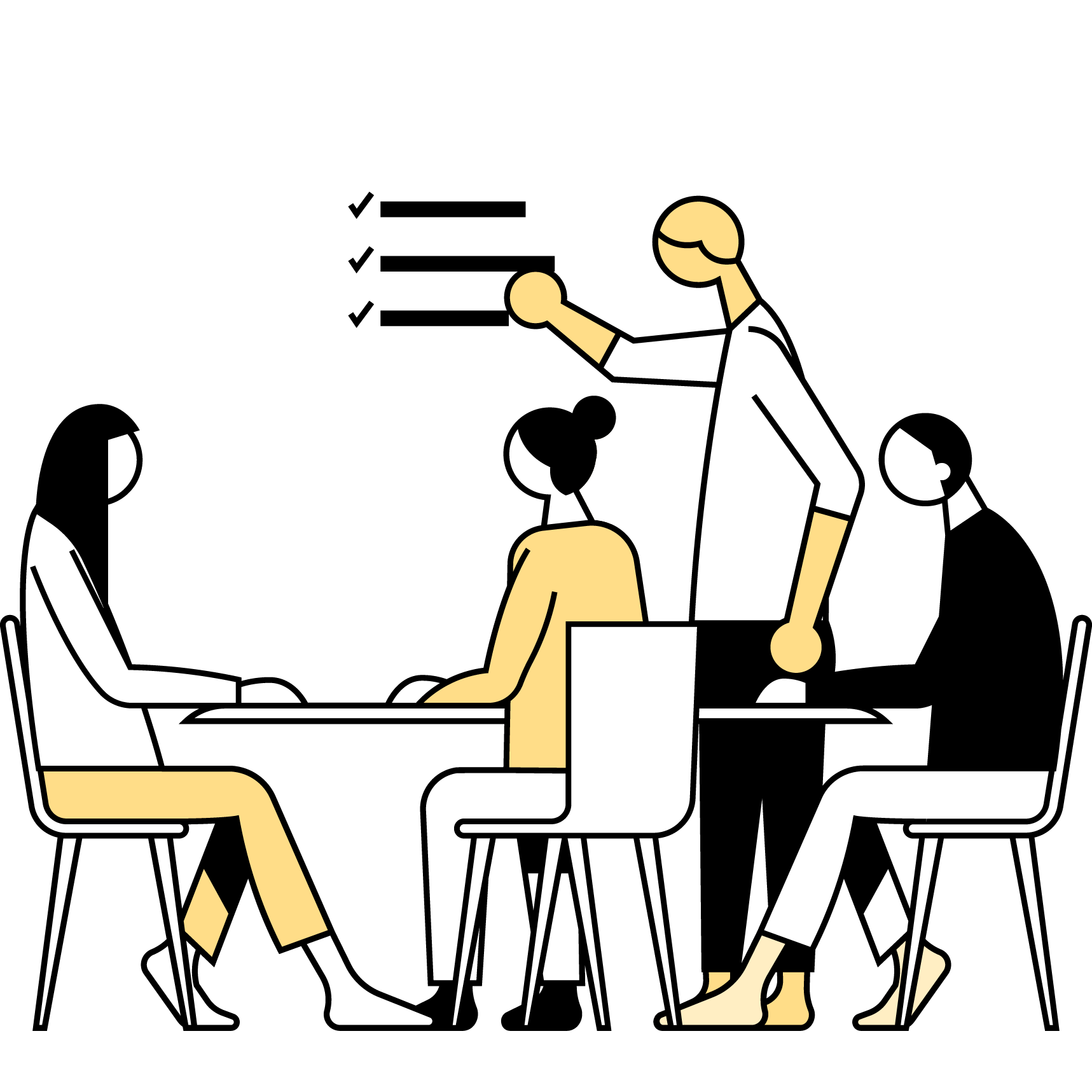 Tegnet illustrasjon av mennesker samlet i et møterom