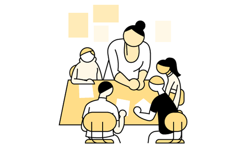 Illustrasjon av en voksen i en undervisningssituasjon, sammen med fire barn