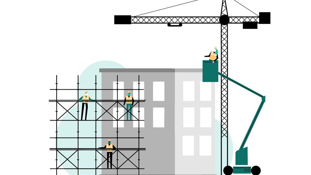 Illustrasjon av mennesker som jobber på en byggeplass. Et stillas foran to bygninger, en ubemannet kran og en løftekran