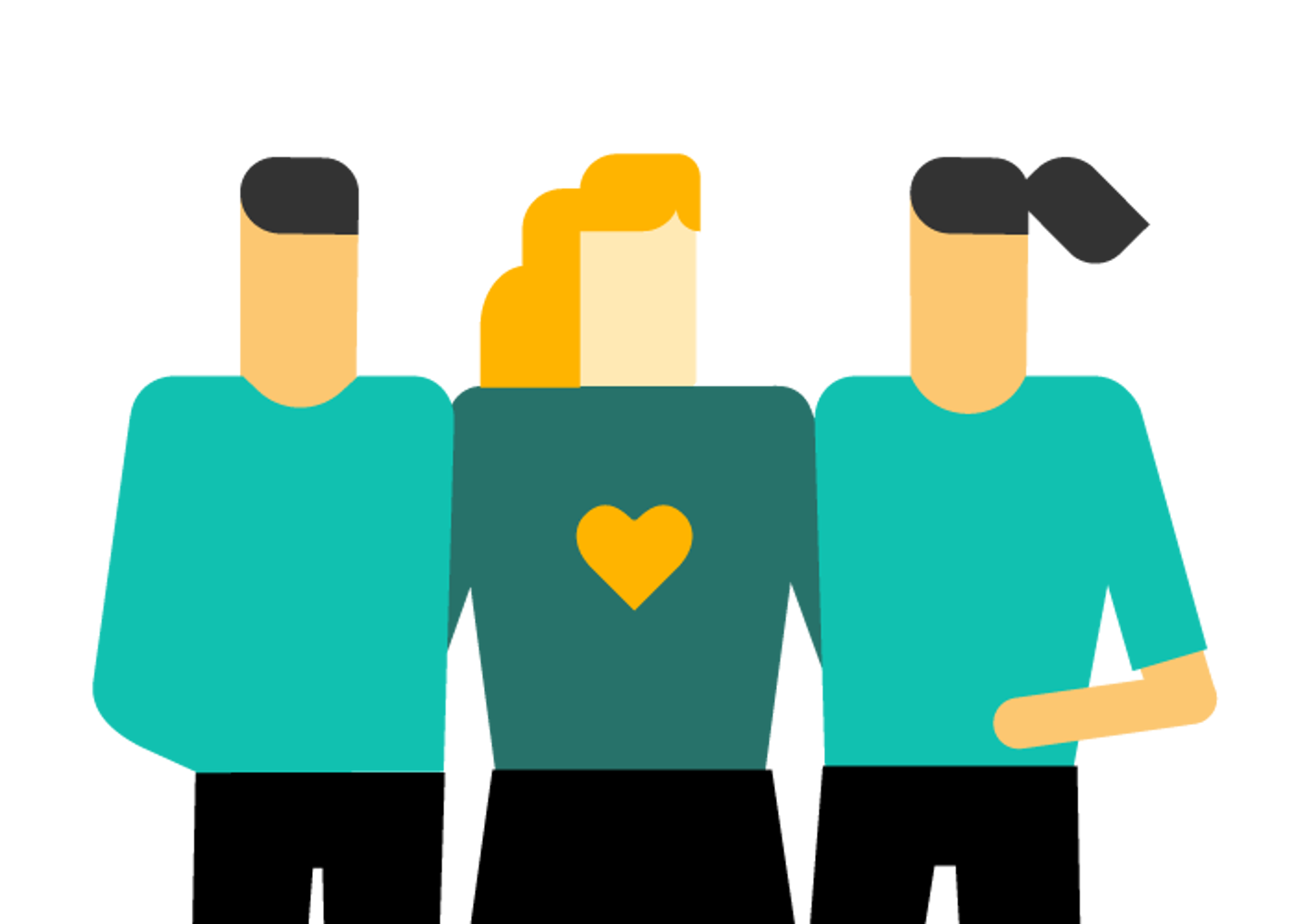 Illustrasjon av tre mennesker som holder rundt hverandre. Den midterste har et hjerte midt på kroppen/genser