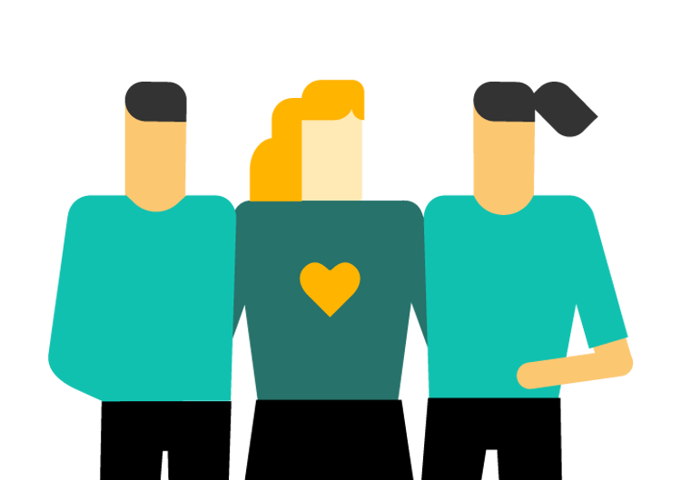 Illustrasjon av tre mennesker som holder rundt hverandre. Den midterste har et hjerte midt på kroppen/genser