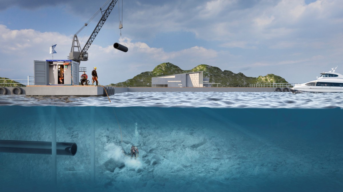 Illustrasjon som viser både hva som skjer under og over vann under yrkesdykking. Over vann løfter en kran rørdeler ned til en yrkesdykker som jobber under vann. Illustrasjon