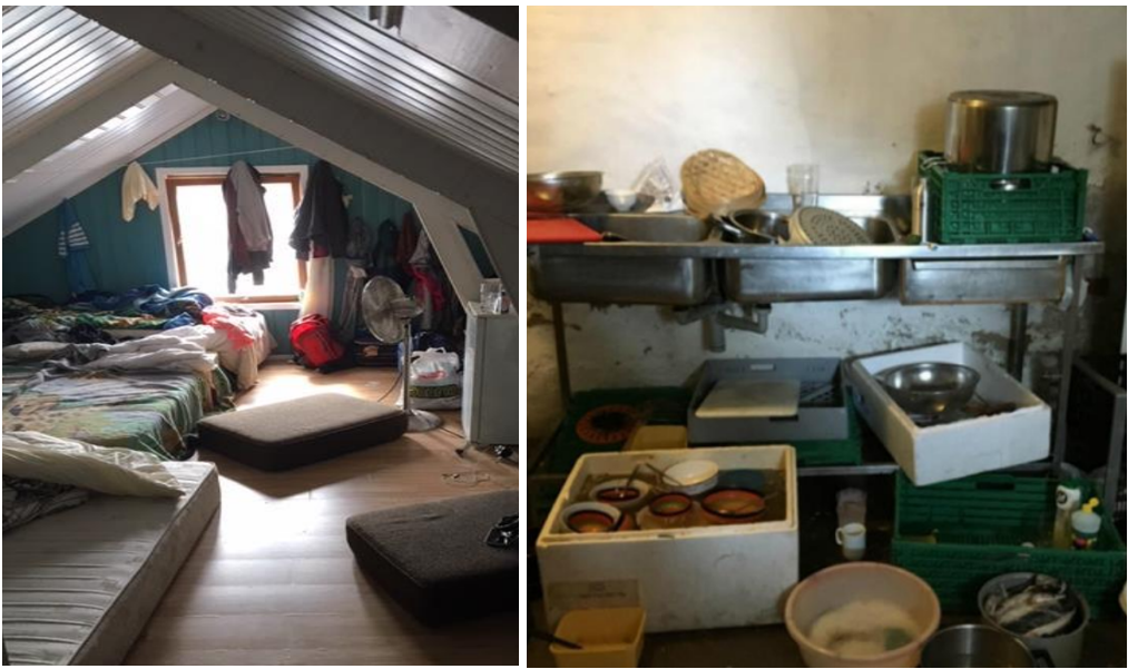 Bildet er delt i to. På venstre side ser man et rom med mange madrasser på gulvet og klær som henger opp og ligger på gulvet. På høyre side ser man en provisorisk kjøkkenbenk med oppvask. 