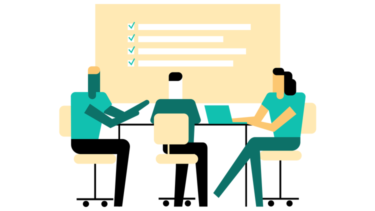 Illustrasjon av tre personer rundt et bord